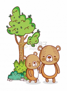超可爱卡通大树下的小熊和妈妈png图片免抠矢量素材