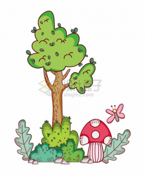 超可爱卡通大树下的灌木丛蘑菇png图片免抠矢量素材