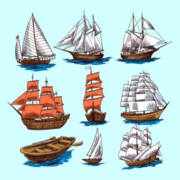 9款彩色手绘插画风格帆船船舶图片免抠素材