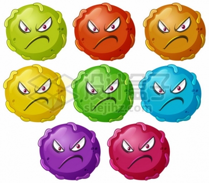8种颜色的卡通病毒细菌细胞png图片免抠矢量素材