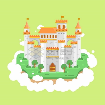 白云上的童话城堡扁平化风格png图片免抠矢量素材