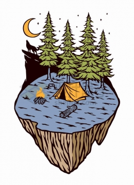 抽象悬空岛上的森林高山狼嚎帐篷和篝火手绘插画png图片免抠矢量素材
