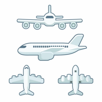 4种不同角度的灰白色卡通飞机客机png图片免抠矢量素材