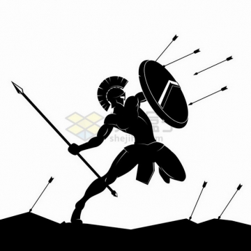 跳跃起来用盾牌挡住射箭的古罗马战士剪影png图片免抠矢量素材
