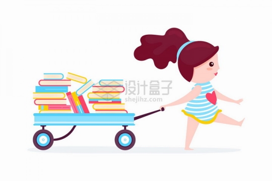 拖着一车书本的卡通女孩爱读书看书学习png图片免抠矢量素材