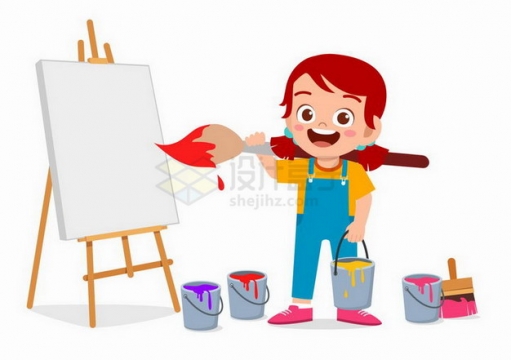 卡通小女孩扛着画笔在画板上绘画png图片免抠矢量素材