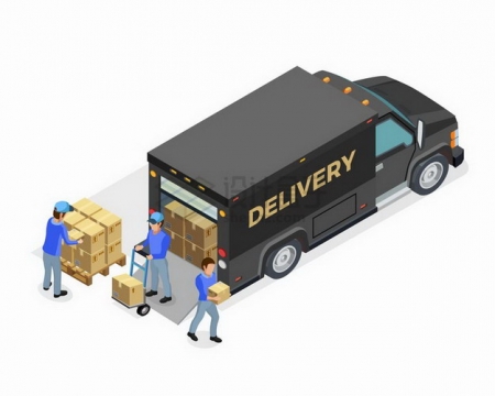 2.5D风格工人从卡车上将货物搬下来等快递物流运输工具png图片免抠矢量素材