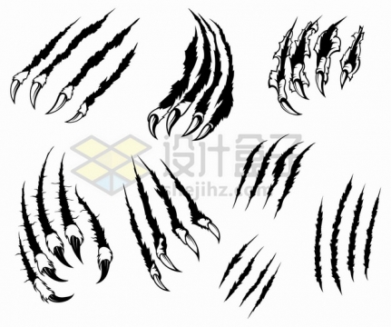8款猛兽爪子抓出的抓痕爪痕黑白插画png图片素材
