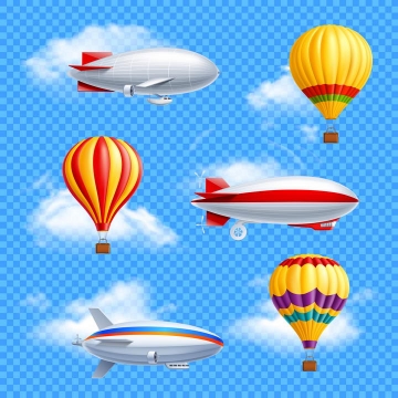 六款伴随白云的飞艇和热气球图片免抠素材