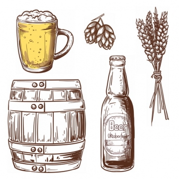 啤酒杯啤酒花小麦酒桶和酒瓶等手绘插画627690免抠图片素材