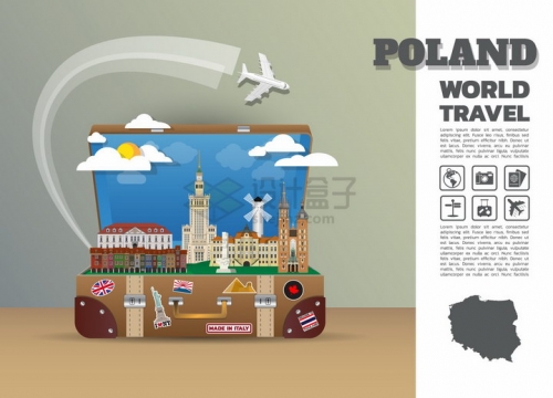 复古旅行箱中的波兰旅游景点插画png图片免抠矢量素材