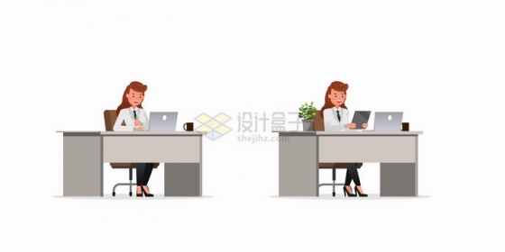 两个坐在办公桌前使用笔记本电脑和平板电脑的职场人士png图片免抠矢量素材