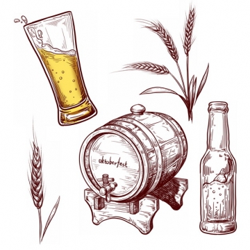一杯啤酒和酒桶小麦穗手绘插画344876免抠图片素材