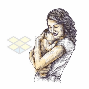 抱着婴儿宝宝的年轻妈妈母亲节彩绘素描插画png图片免抠矢量素材