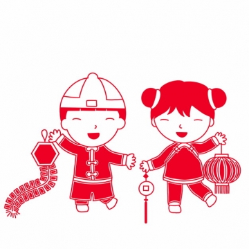 新年春节卡通童男童女拿着鞭炮和红灯笼红色剪纸710614png图片素材