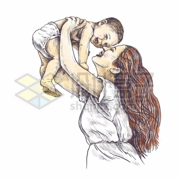 把婴儿宝宝高高举起的年轻妈妈母亲节彩绘素描插画png图片免抠矢量素材