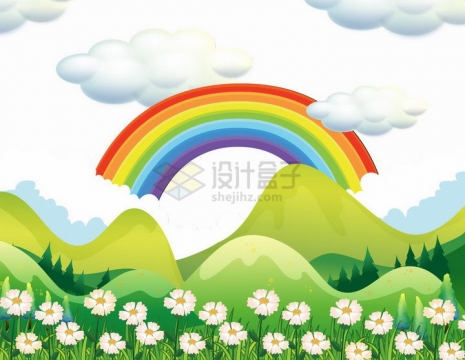 春天绿色大山和卡通彩虹png图片免抠矢量素材