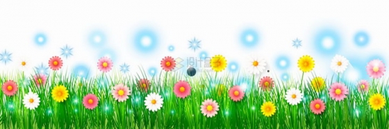 盛开了各种颜色雏菊花朵的青草丛和蓝色的发光装饰png图片免抠矢量素材