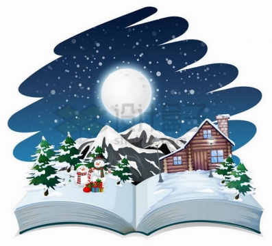 打开书本上的圣诞节雪地和小木屋343240png矢量图片素材