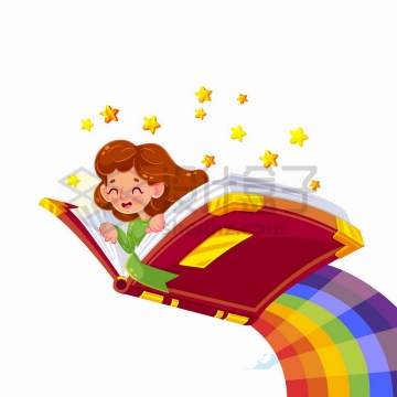 世界读书日卡通女孩趴在打开的书本上飞上了彩虹png图片免抠矢量素材