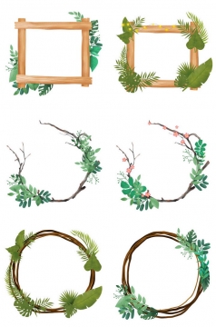 六款绿色树叶装饰的木框边框相框图片免抠素材