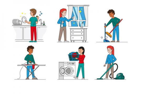 6款正在打扫卫生洗碗擦窗户扫地烫衣服做家务的卡通小人图片免抠矢量图素材