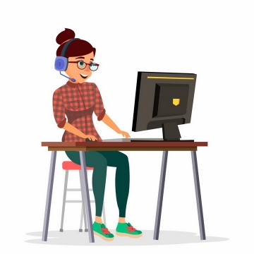 戴着耳机的卡通女孩正在操作电脑png图片免抠矢量素材