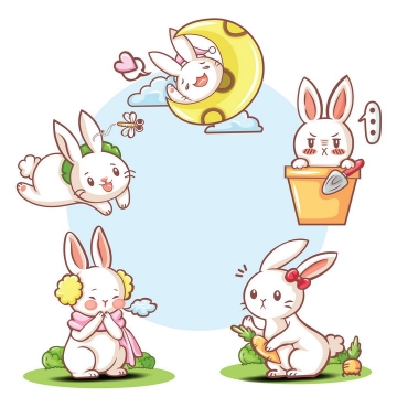 卡通可爱风格说晚安的小白兔种萝卜的小兔子等免抠图片素材