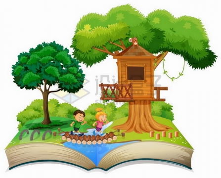 打开书本上的森林的树屋和卡通小朋友922669png矢量图片素材