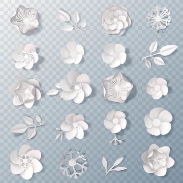 20款白色剪纸风格的立体花朵和叶子图案图片免抠矢量素材