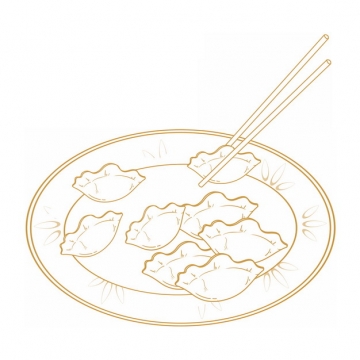 筷子夹着盘子里的水饺金色线条插画155072png图片素材