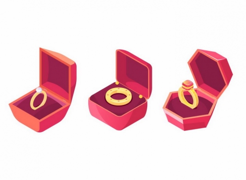 三款红色戒指盒中的钻石结婚金戒指png图片免抠矢量素材