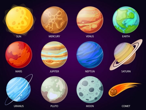 12款太阳系九大行星和月球流星天文科普图片免抠素材