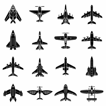 16款战斗机客机航天飞机等飞行器黑白俯视图png图片免抠矢量素材