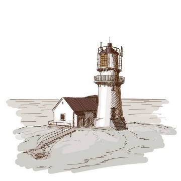 彩绘素描风格海边的灯塔风景图png图片免抠矢量素材