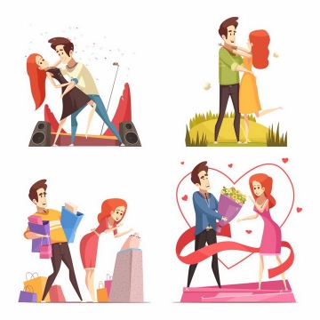 4款卡通漫画风格一起跳舞购物送花的情侣png图片免抠矢量素材