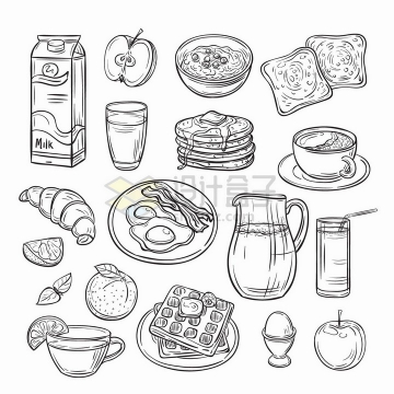 牛奶苹果奶昔面包咖啡煎蛋华夫饼等美味早餐手绘线条插画png图片免抠矢量素材