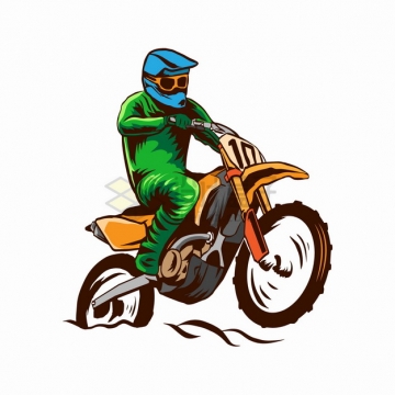 绿色衣服的骑手骑越野摩托车特技表演卡通漫画插画png图片素材