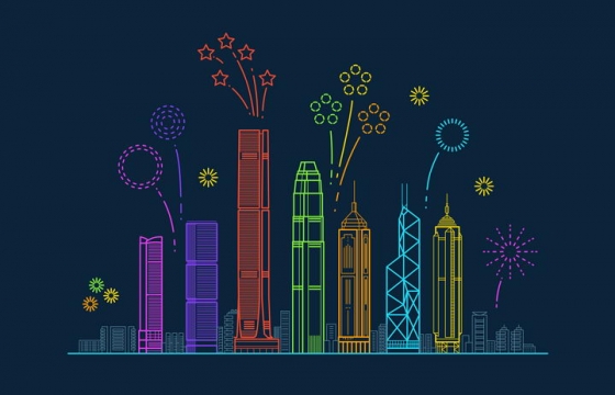 彩色线条风格放着礼花的香港标志城市建筑天际线图片免抠矢量图素材