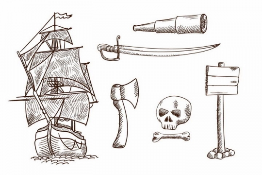 手绘素描风格风帆帆船望远镜斧头骷髅等png图片免抠矢量素材