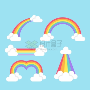 5款卡通白云上的七彩虹形状png图片免抠矢量素材