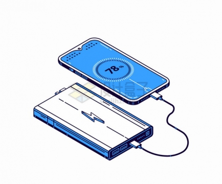 蓝色2.5D风格充电宝正在给手机充电png图片素材
