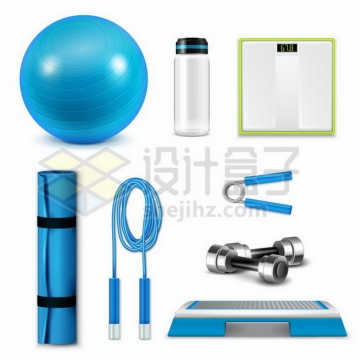 蓝色瑜伽球运动水壶体重秤瑜伽垫跳绳握力器哑铃等健身器材268848png矢量图片素材