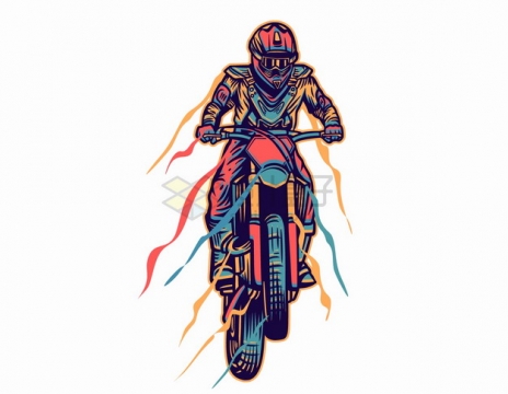 带有彩色飘带的越野摩托车特技表演手绘漫画插画png图片素材