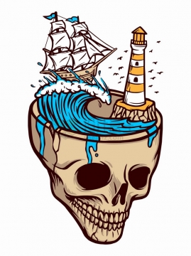 抽象骷髅头中的大海和帆船灯塔手绘插画png图片免抠矢量素材