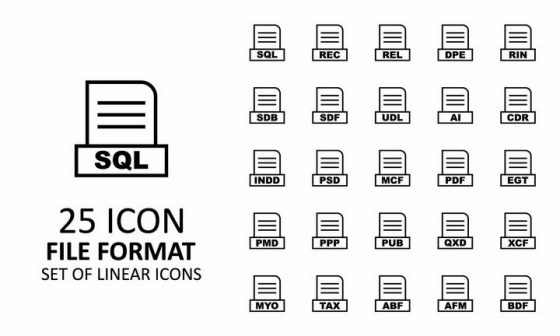 25款SQL/PDF/PSD等文件后缀名icon线条图标png图片免抠矢量素材