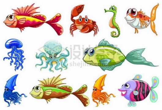 旗鱼螃蟹海马水母章鱼乌贼等卡通海洋鱼类233571png矢量图片素材