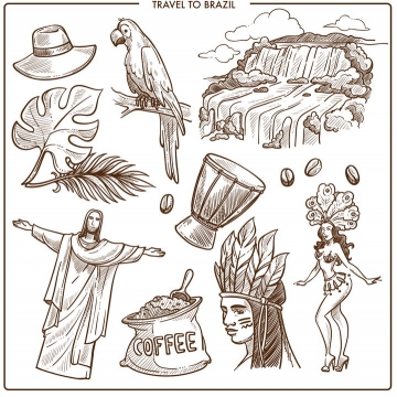 棕色手绘素描风格鹦鹉基督像等巴西旅游标志图片免抠矢量素材