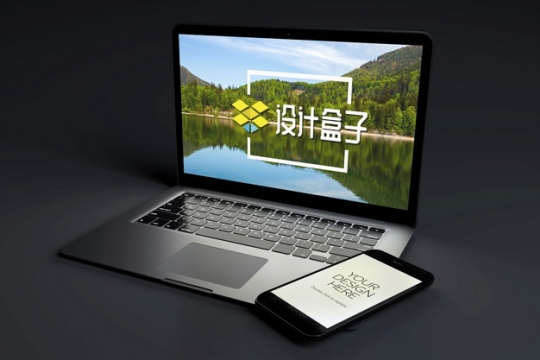 黑暗中的苹果MacBook Pro笔记本电脑和iPhone手机显示样机934146psd样机图片模板素材