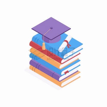 2.5D风格高高的书本堆上的博士帽学士帽和毕业证书png图片素材